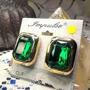 NWT NOS 80s Impulse Emerald Green & Gold Clip On Earrings